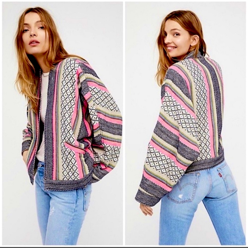 Free People Open Front Dolman Baja Rainbow Jacket, Pink & Gray Striped, Size XS